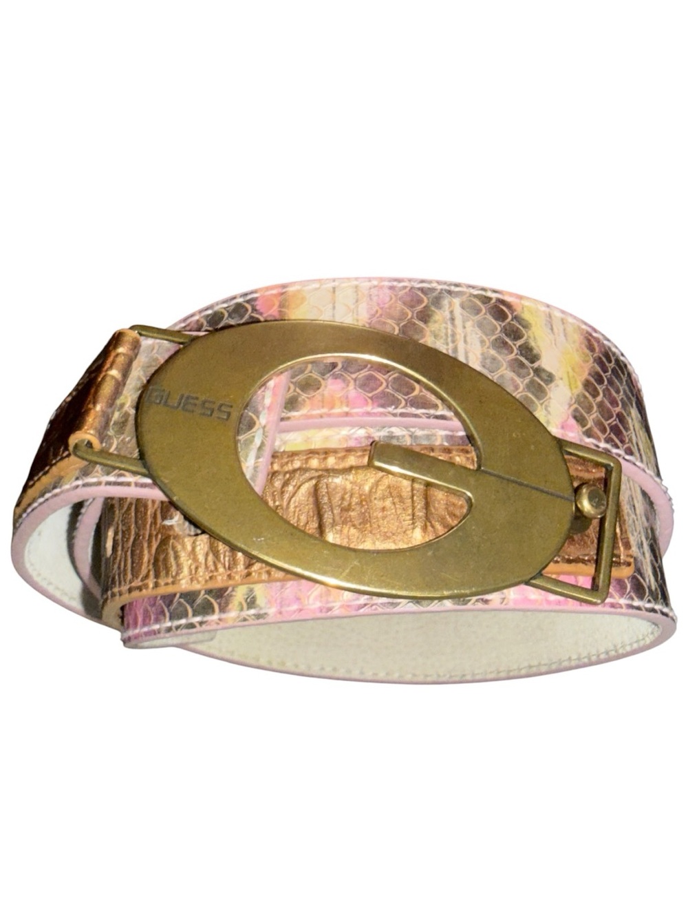 Vintage Guess Y2K Pink Gold Snakeskin Leather G Logo Statement Belt Glam